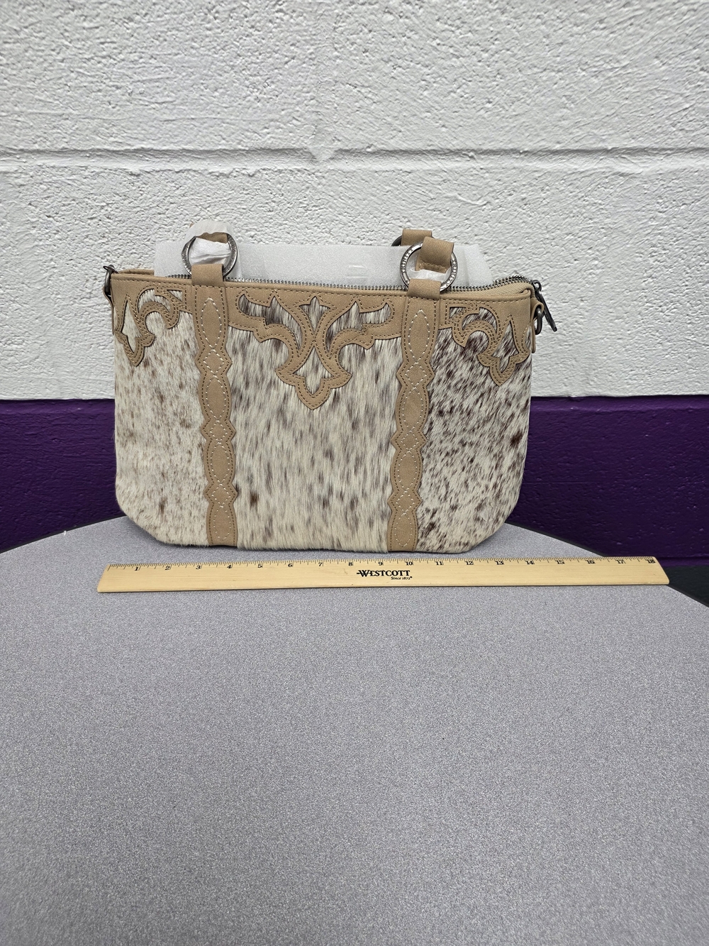 New With Tags Haircalf Western Satchel in Tan and White